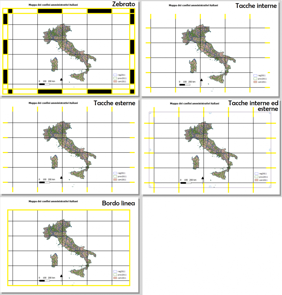 Diversi stili di cornice possibili in QGIS 3