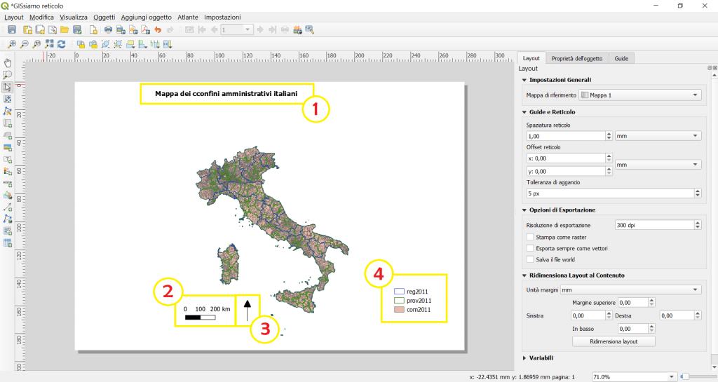 Layout di mappa preparato ed evidenziazione di singoli elementi