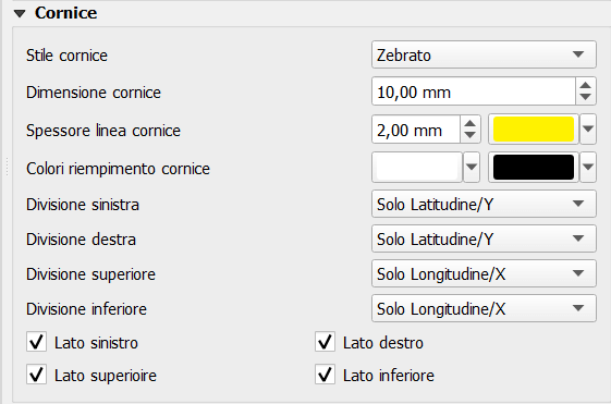 Le diverse opzioni modificabili nello Stile cornice Zebrato