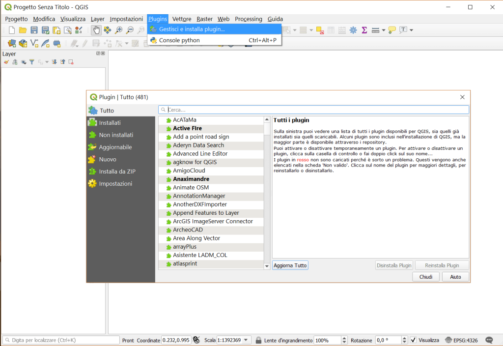 Il gestore di Plugin di QGIS 3