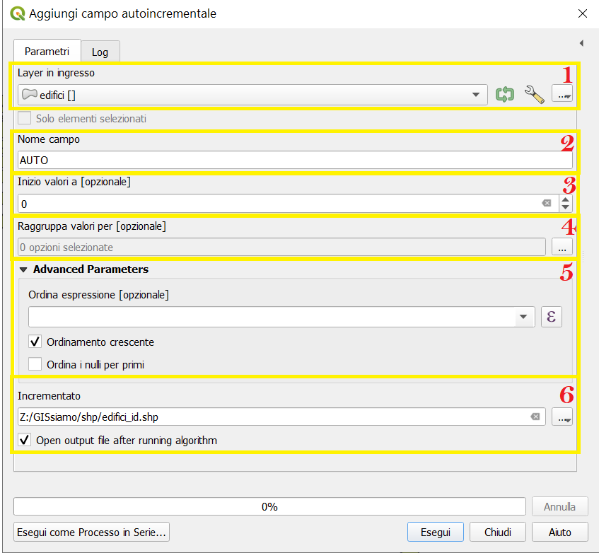 Impostazione dei parametri nella tool Aggiungi campo autoincrementale