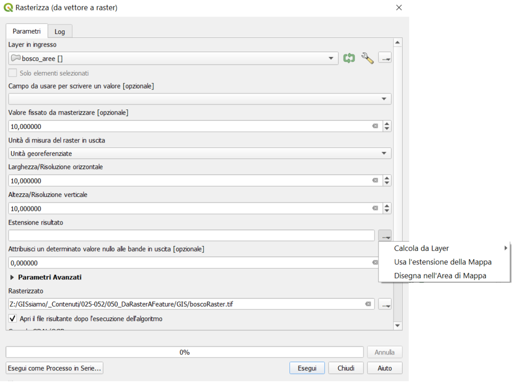 Parametri della tool Rasterizza (da vettore a raster)