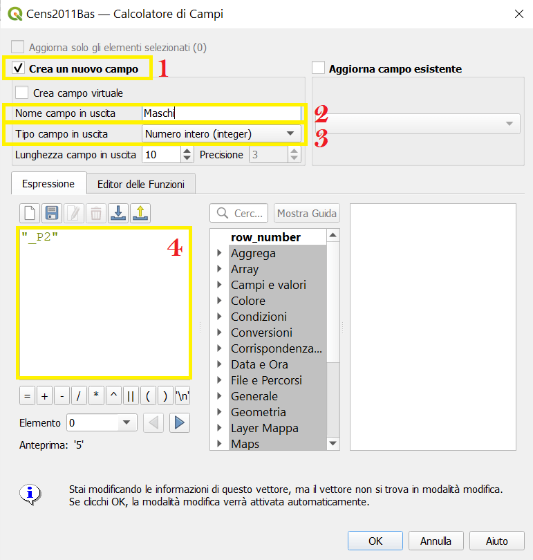 Copia dei campi di testo “_P2” e “_P3”, nei campi “Maschi” e “Femmine” numerici interi