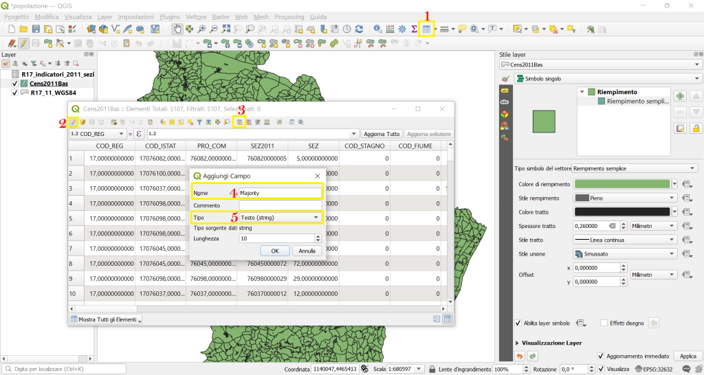 Aggiunta del campo Majority che conterrà la prevalenza di popolazione in ciascuna sezione censuaria
