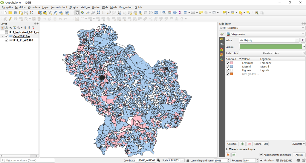 Mappa di popolazione di confronto tra popolazione maschile e femminile della Regione Basilicata ottenuta con il primo metodo