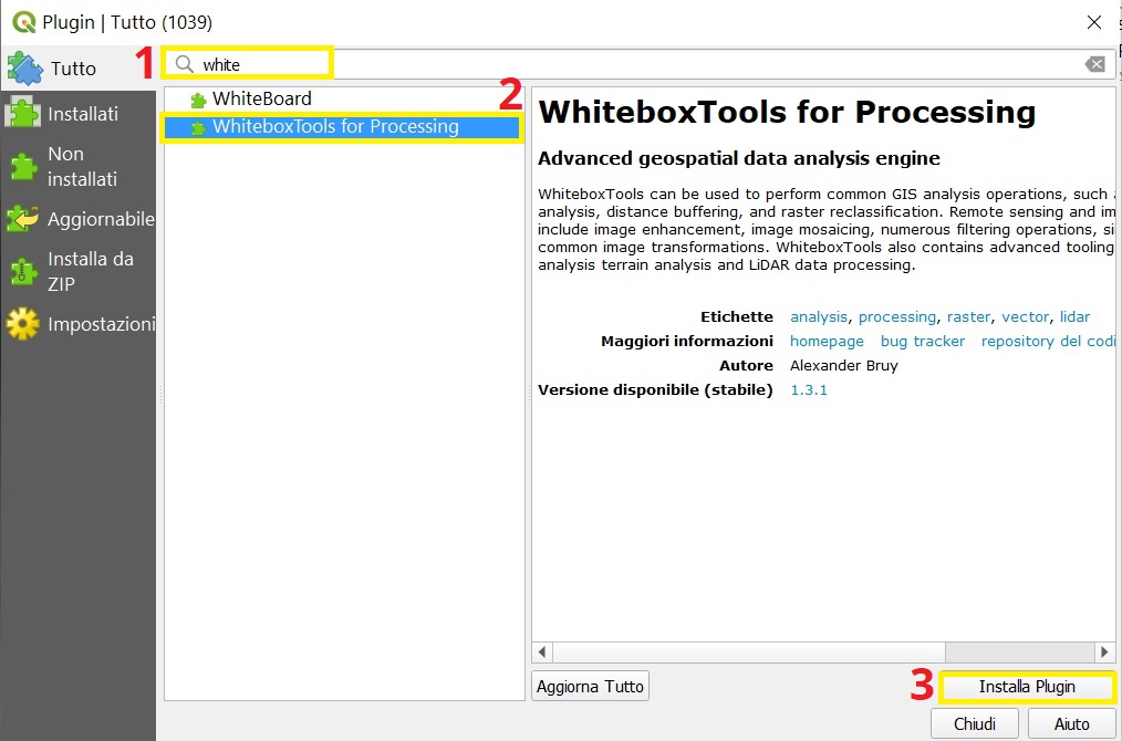 Installazione di WhiteBox Tools for Processing contenente la tool di calcolo di profile topografici