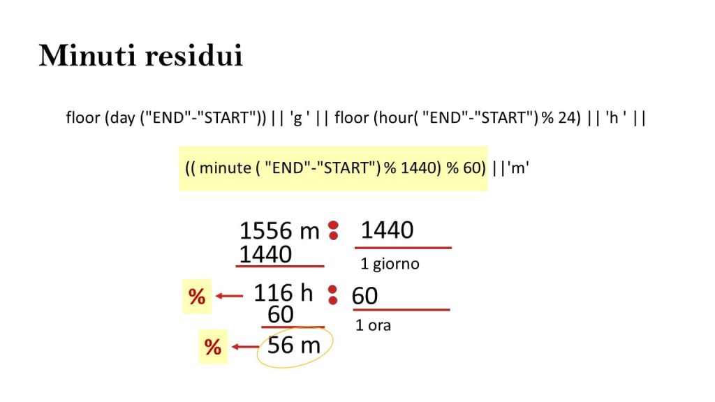 Calcolo della parte in minuti residui dell’intervallo temporale