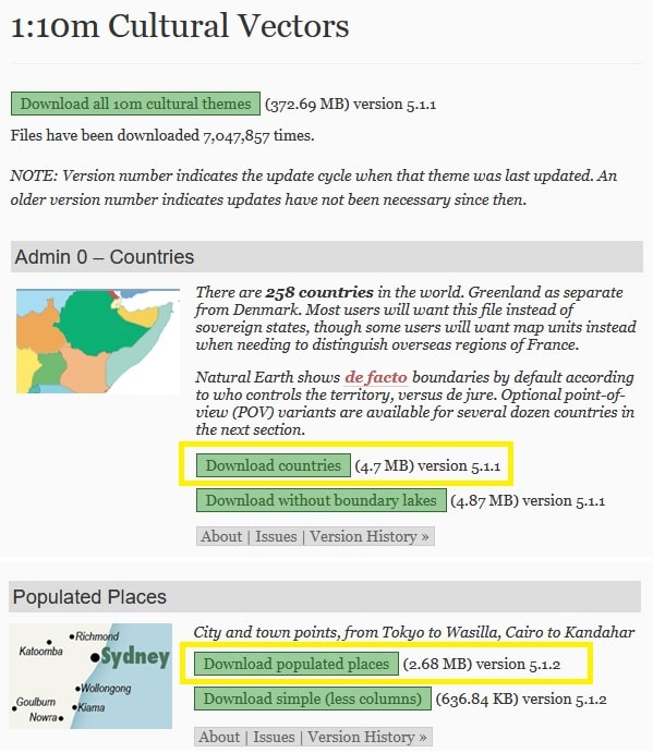 Download dei dati per selezione per posizione dal sito Natural Earth