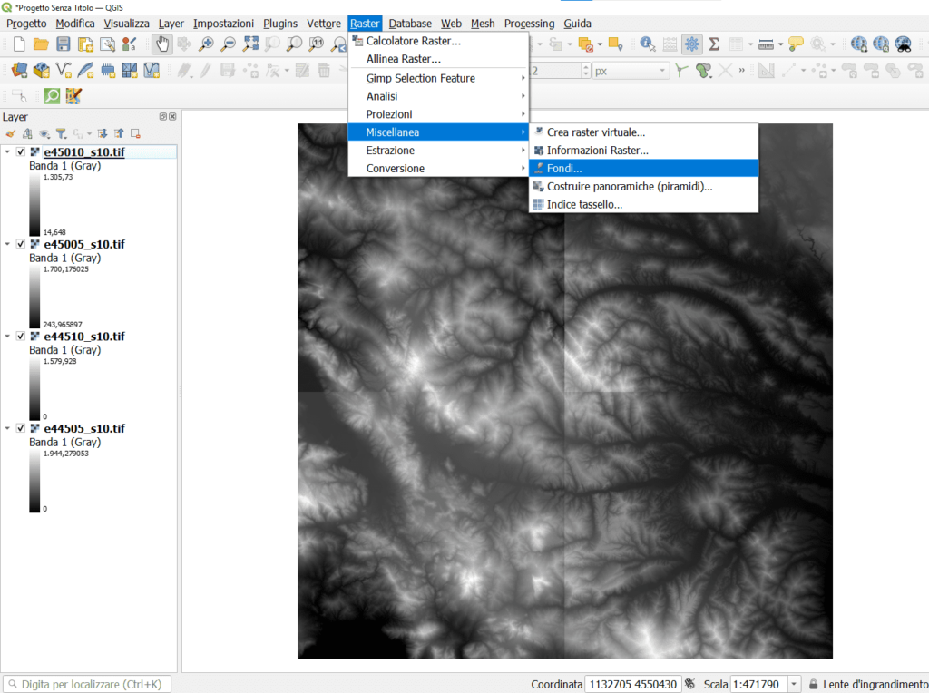 Apertura della tool Fondi per la mosaicatura di elementi del DEM Tinitaly