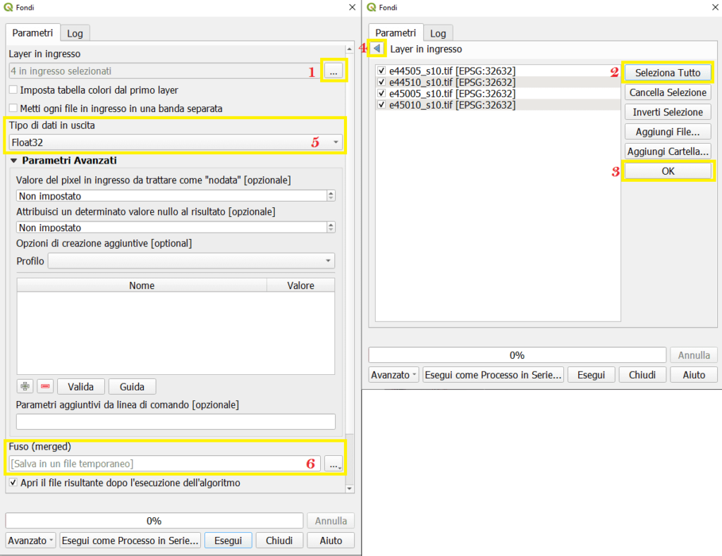 Impostazione dei parametri nella tool Fondi per la mosaicatura di elementi del DEM Tinitaly