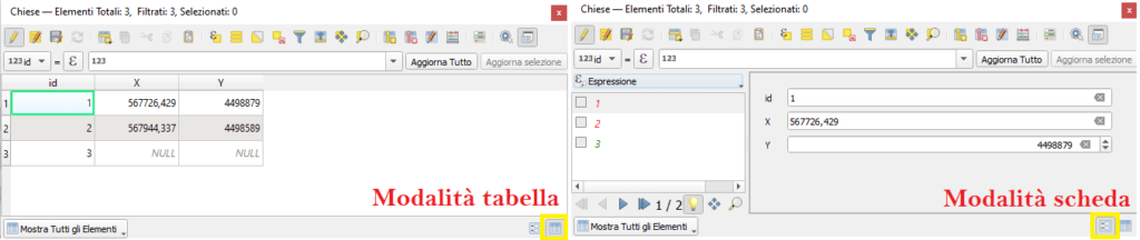 Visualizzazione della tabella attributi in modalità tabella o scheda