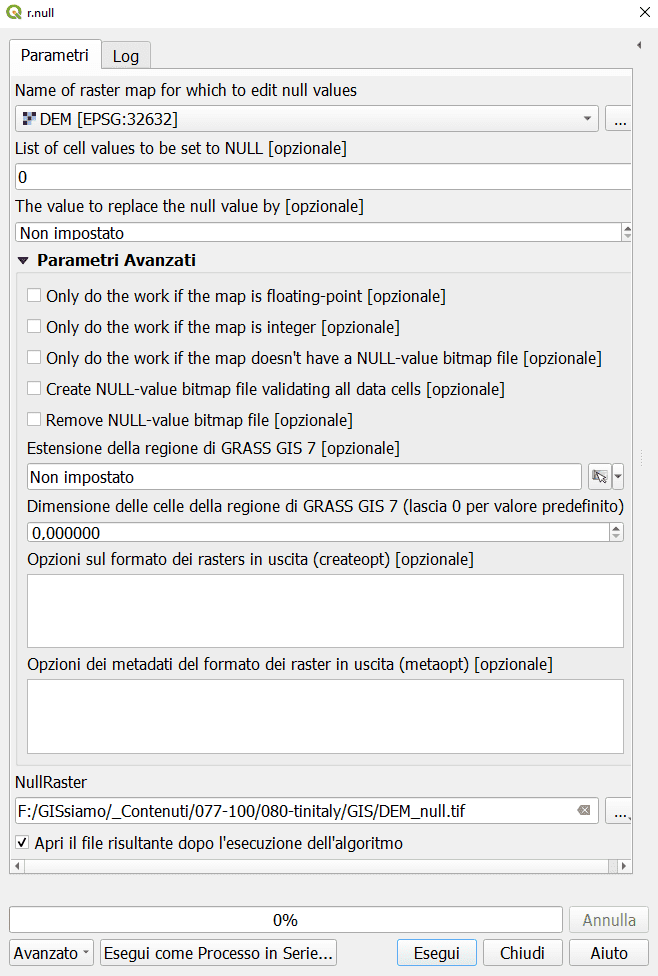 Impostazione dei parametri nel geoprocesso r.null